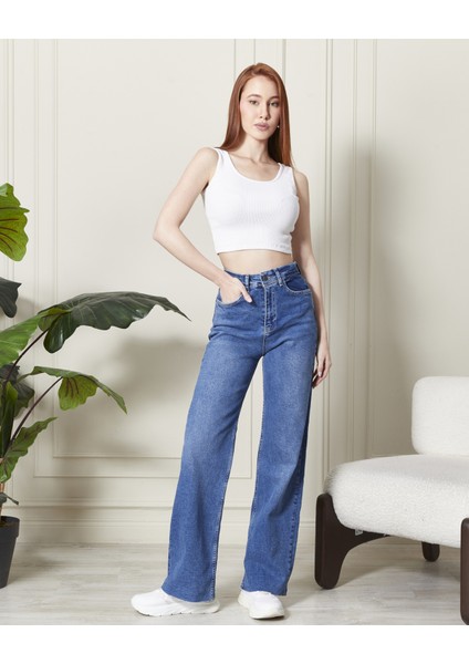 Kadın Yüksek Bel Boyfriend Mavi Jeans