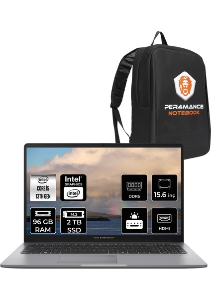 Expertbook P1 Intel Core I5 13420H 96GB 2tb SSD 15.6" Fhd Fdos Taşınabilir Bilgisayar & Per4 Çanta P1503CVAI5G0DP339