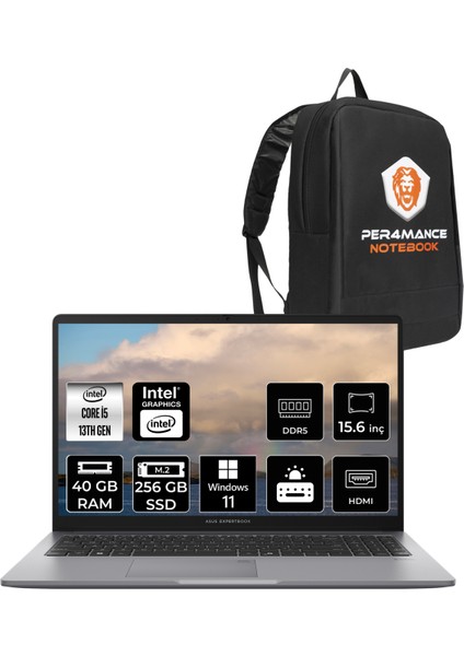 Expertbook P1 Intel Core I5 13420H 40GB 256GB SSD 15.6" Fhd W11P Taşınabilir Bilgisayar & Per4 Çanta P1503CVAI5G0DP401