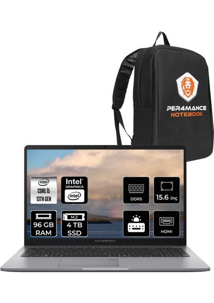 Expertbook P1 Intel Core I5 13420H 96GB 4tb SSD 15.6" Fhd Fdos Taşınabilir Bilgisayar & Per4 Çanta P1503CVAI5G0DP340