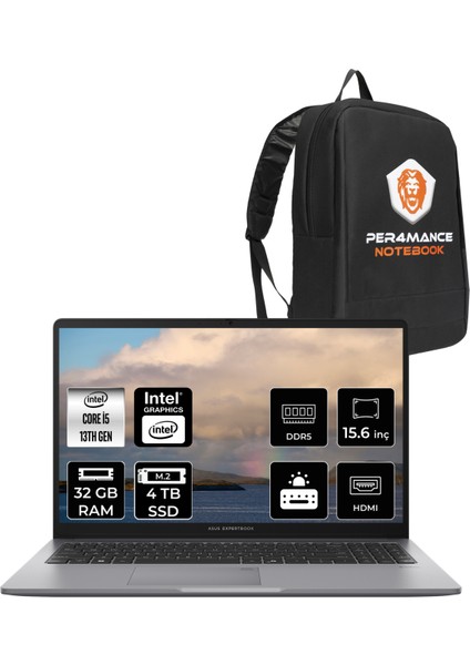Expertbook P1 Intel Core I5 13420H 32GB 4tb SSD 15.6" Fhd Fdos Taşınabilir Bilgisayar & Per4 Çanta P1503CVAI5G0DP320