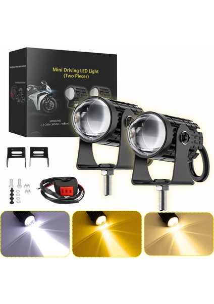Motosiklet Scooter Mini Sis Farı Set Delici Işık Beyaz Sarı Metal Kasa 12V/24V LED IŞIK