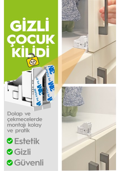 Gizli Çocuk Kilidi - 4 Adet Kilit ile 8 Adet Dolap Kapağı Veya Çekmece Kilitler