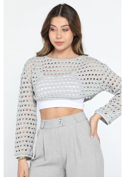 Bisiklet Yaka Ajurlu Uzun Kol Crop Top Triko Bluz