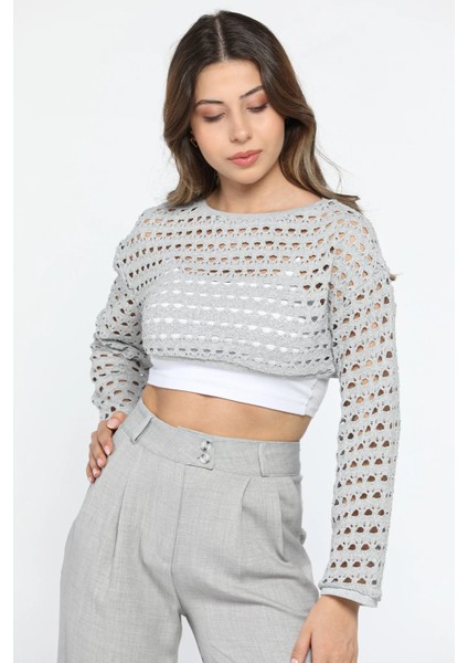 Bisiklet Yaka Ajurlu Uzun Kol Crop Top Triko Bluz