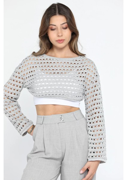 Bisiklet Yaka Ajurlu Uzun Kol Crop Top Triko Bluz