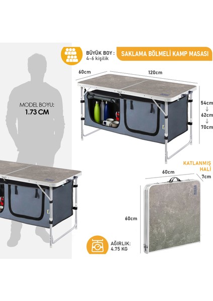 Saklama Dolaplı Kamp Masası, Outdoor Mutfak Dolabı, Katlanabilir Piknik Masası Mermer Desenli