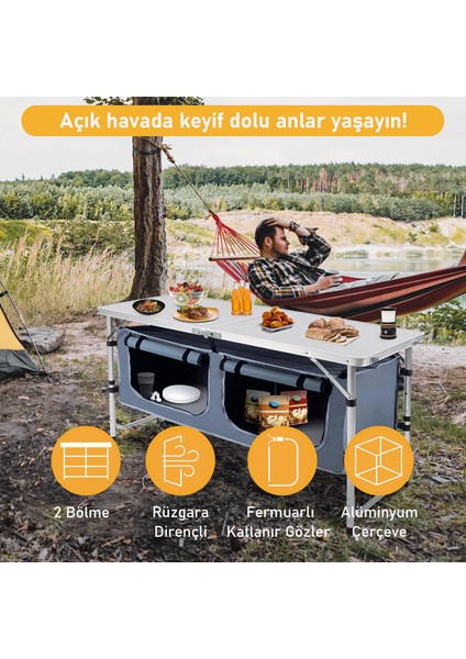 Saklama Dolaplı Kamp Masası, Outdoor Mutfak Dolabı, Katlanabilir Piknik Masası Mermer Desenli