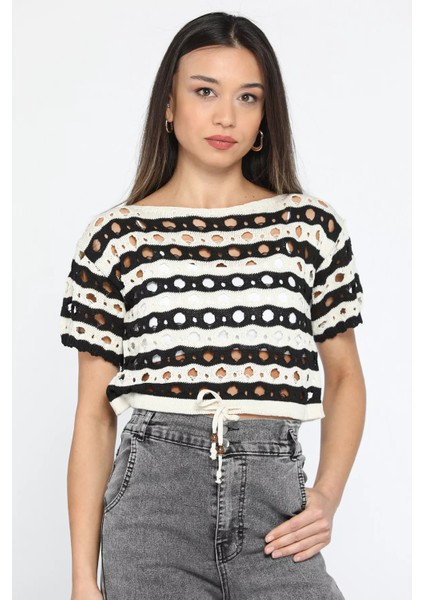 Çizgi Desenli Kadın File Bluz