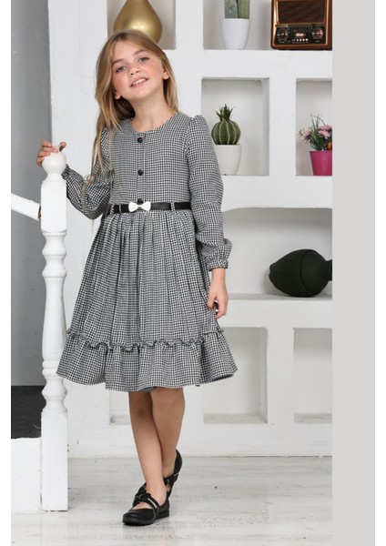 Kemerli Eteği Piliseli Kız Çocuk Kazayağı desen elbise - Siyahbeyaz