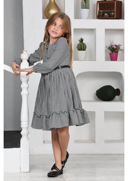 Kemerli Eteği Piliseli Kız Çocuk Kazayağı desen elbise - Siyahbeyaz fiyatları