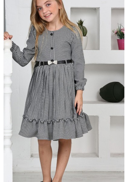 Kemerli Eteği Piliseli Kız Çocuk Kazayağı desen elbise - Siyahbeyaz modelleri