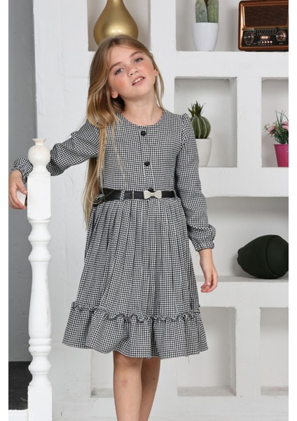 Kemerli Eteği Piliseli Kız Çocuk Kazayağı desen elbise - Siyahbeyaz fırsatları