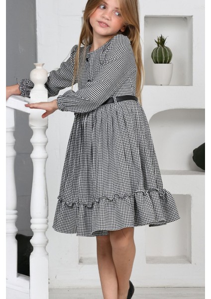 Kemerli Eteği Piliseli Kız Çocuk Kazayağı desen elbise - Siyahbeyaz indirimleri