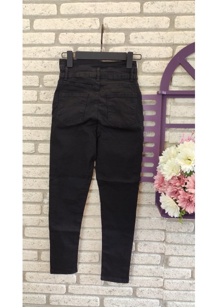 Yüksek Bel Düğme ve Yırtık Detaylı Kot Pantolon Jean 92CM