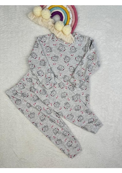 Kedi Desen Gri Kız Çocuk Pijama Takım