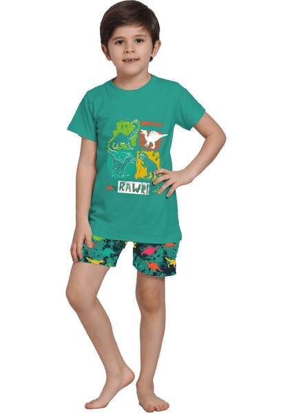 Dinozor Desenli Yeşil Şortlu Pijama Takımı