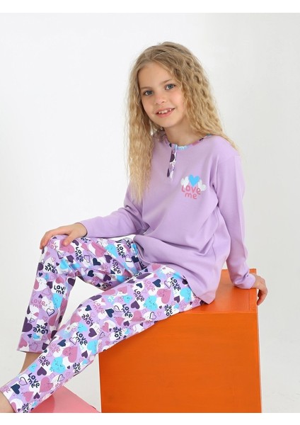 Love Lila Düğme Detaylı Kız Çocuk Pijama Takım