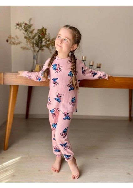 Pembe Stitch Desen Fitilli Kız Çocuk Pijama Takım