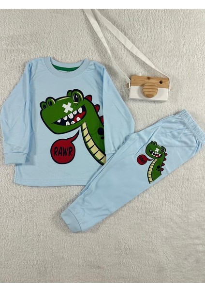 Dinozor Desen Mavi Erkek Çocuk Pijama Takım