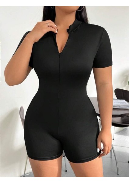 Kadın Kısa Kollu Önü Fermuarlı Bodycon Dalgıç Tulum