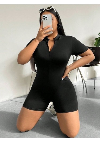 Kadın Kısa Kollu Önü Fermuarlı Bodycon Dalgıç Tulum