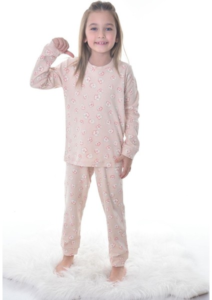 Çiçek Desenli Bej Fitilli Çocuk Pijama Takımı