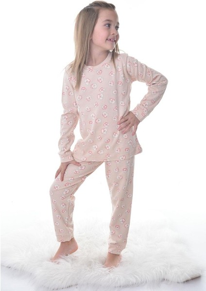 Çiçek Desenli Bej Fitilli Çocuk Pijama Takımı fiyatları