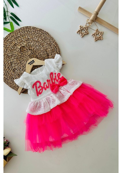 Barbie Payet Detaylı Kat Kat Tütülü Kız çocuk elbise - Fuşya