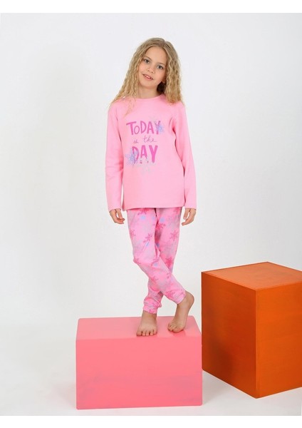Kar Tanesi Desen Pembe Kız Çocuk Pijama Takım
