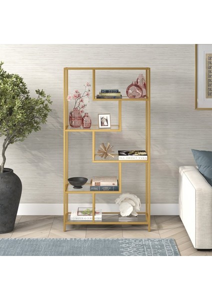 Modern 6 Raflı Gold Renk Metal Iskeletli Cam Raflı Aksesuar Rafı Kitaplık modelleri