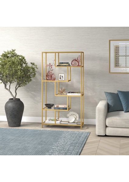 Modern 6 Raflı Gold Renk Metal Iskeletli Cam Raflı Aksesuar Rafı Kitaplık fırsatları