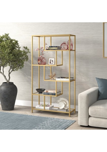 Modern 6 Raflı Gold Renk Metal Iskeletli Cam Raflı Aksesuar Rafı Kitaplık