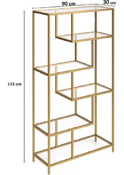 Modern 6 Raflı Gold Renk Metal Iskeletli Cam Raflı Aksesuar Rafı Kitaplık