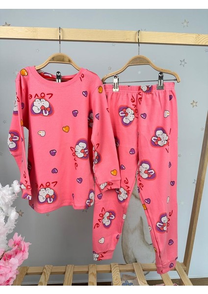 Kalp Desen Fitilli Pembe Kız Çocuk Pijama Takım
