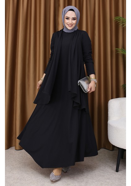 Büyük Beden Yelek Elbise Ikili Takım 6370-01 Siyah