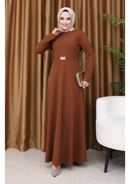Tokalı Elbise 7123-08 Koyu Kahverengi