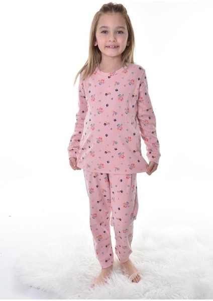 Çiçek Desenli Pembe Fitilli Çocuk Pijama Takımı