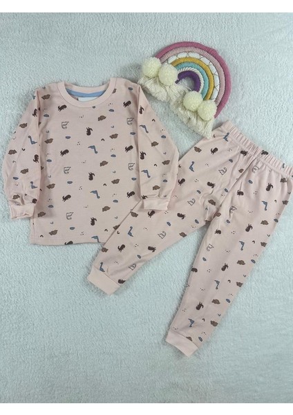 Dinozor Desen Pudra Kız Çocuk Pijama Takım