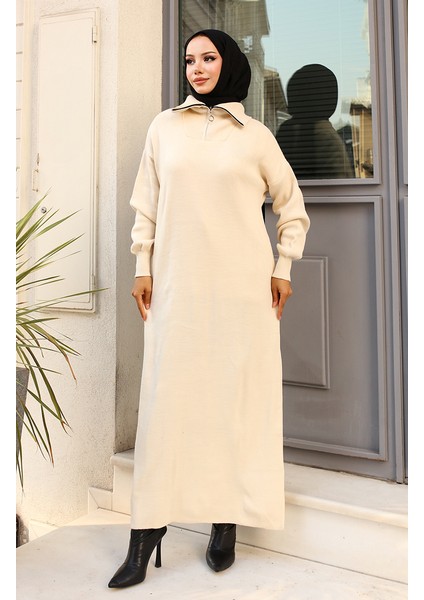 Yakası Fermuarlı Triko Elbise 2441-02 Taş