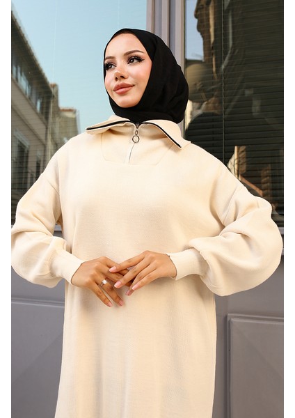 Yakası Fermuarlı Triko Elbise 2441-02 Taş modelleri