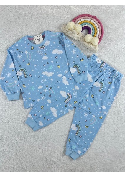 Bulut Desen Mavi Kız Çocuk Pijama Takım