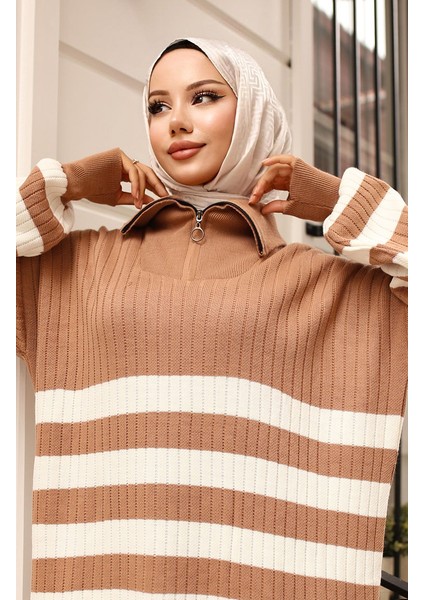 Fitilli Çizgili Triko Elbise 11042-01 Vizon