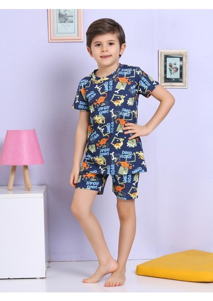 Dinozor Desenli Şortlu Lacivert Pijama Takımı