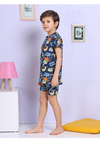 Dinozor Desenli Şortlu Lacivert Pijama Takımı