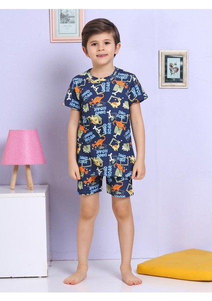 Dinozor Desenli Şortlu Lacivert Pijama Takımı