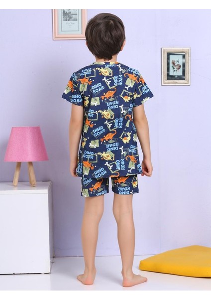 Dinozor Desenli Şortlu Lacivert Pijama Takımı