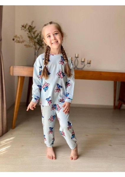 Buz Mavisi Stitch Desen Fitilli Kız Çocuk Pijama Takım fiyatları