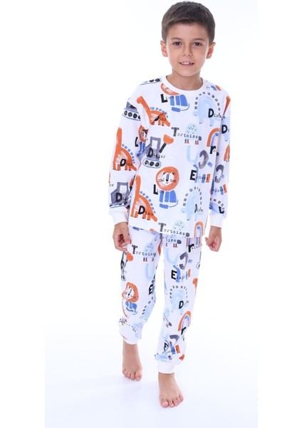 Dinozor Desen Beyaz Erkek Çocuk Pijama Takım