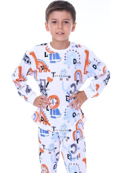 Dinozor Desen Beyaz Erkek Çocuk Pijama Takım